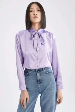 DeFacto Regular Fit Basic Fular Yaka Uzun Kollu Saten Gömlek -Tunik Style X3259AZ 22SM PR77 06 03