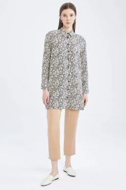 DeFacto Regular Fit Çiçek Desenli Uzun Kollu Gömlek Tunik -Tunik Style X3321AZ 22SM BK27 02 02
