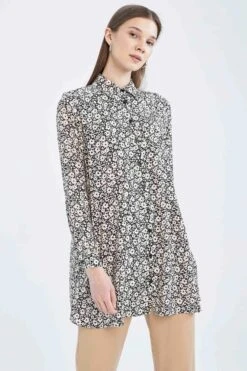 DeFacto Regular Fit Çiçek Desenli Uzun Kollu Gömlek Tunik -Tunik Style X3321AZ 22SM BK27 03 02