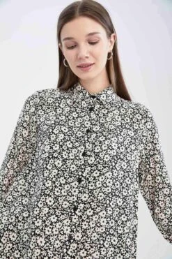 DeFacto Regular Fit Çiçek Desenli Uzun Kollu Gömlek Tunik -Tunik Style X3321AZ 22SM BK27 04 02