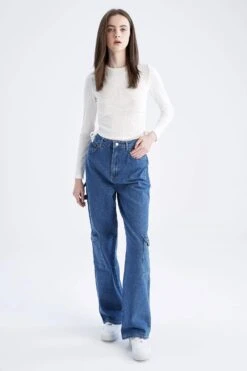 DeFacto 90's Wide Leg Yüksek Bel Geniş Paça Ekstra Uzun Kargo Jean %100 Pamuk Pantolon -Tunik Style X3826AZ 22SM NM28 03 07