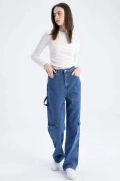 DeFacto 90's Wide Leg Yüksek Bel Geniş Paça Ekstra Uzun Kargo Jean %100 Pamuk Pantolon -Tunik Style X3826AZ 22SM NM28 04 07