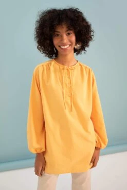 DeFacto Regular Fit Yakası Bağcıklı Gömlek %100 Pamuk Tunik -Tunik Style X6572AZ 22SM YL303 03 03