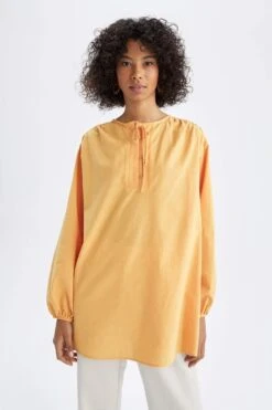 DeFacto Regular Fit Yakası Bağcıklı Gömlek %100 Pamuk Tunik -Tunik Style X6572AZ 22SM YL303 06 02