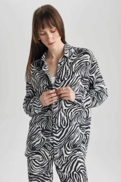 DeFacto Oversize Fit Zebra Desenli Maroken Uzun Kollu Gömlek