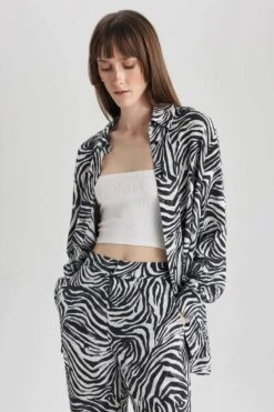 DeFacto Oversize Fit Zebra Desenli Maroken Uzun Kollu Gömlek -Tunik Style X6681AZ 22SM WT34 05 03