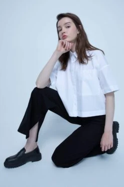 DeFacto Yüksek Bel Geniş Paça Yırtmaç Detaylı %100 Pamuk Pantolon -Tunik Style X7620AZ 22SP BK27 03 02