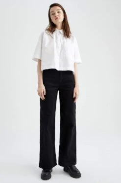 DeFacto Yüksek Bel Geniş Paça Yırtmaç Detaylı %100 Pamuk Pantolon -Tunik Style X7620AZ 22SP BK27 05 02