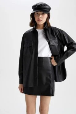DeFacto Oversize Fit Gömlek Yaka Suni Deri Uzun Kollu Gömlek