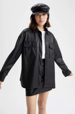 DeFacto Oversize Fit Gömlek Yaka Suni Deri Uzun Kollu Gömlek -Tunik Style X9264AZ 23SP BK27 04 01