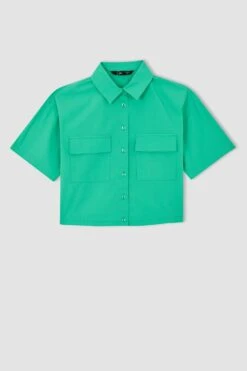 DeFacto Coool Çift Cep Deaylı Kısa Kollu Crop Poplin %100 Pamuk Gömlek -Tunik Style X9682AZ 22SM GN326 06 03