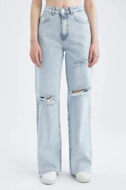 DeFacto Geniş Paça Yüksek Bel Paça Ucu Kesik Detaylı Jean %100 Pamuk Pantolon