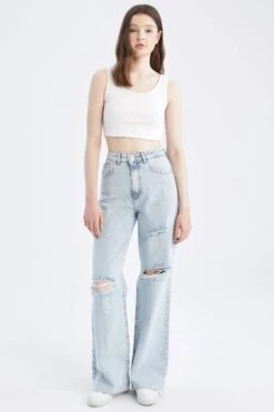 DeFacto Geniş Paça Yüksek Bel Paça Ucu Kesik Detaylı Jean %100 Pamuk Pantolon -Tunik Style Y0082AZ 22SM NM39 03 02