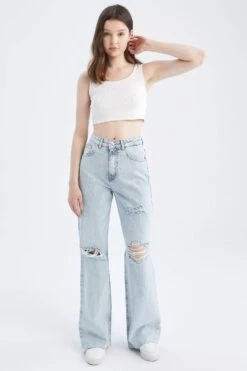 DeFacto Geniş Paça Yüksek Bel Paça Ucu Kesik Detaylı Jean %100 Pamuk Pantolon -Tunik Style Y0082AZ 22SM NM39 04 01