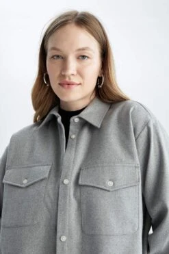 DeFacto Oversize Fit Gömlek Yaka Flanel Uzun Kollu Gömlek -Tunik Style Y0601AZ 22AU GR125 03 02