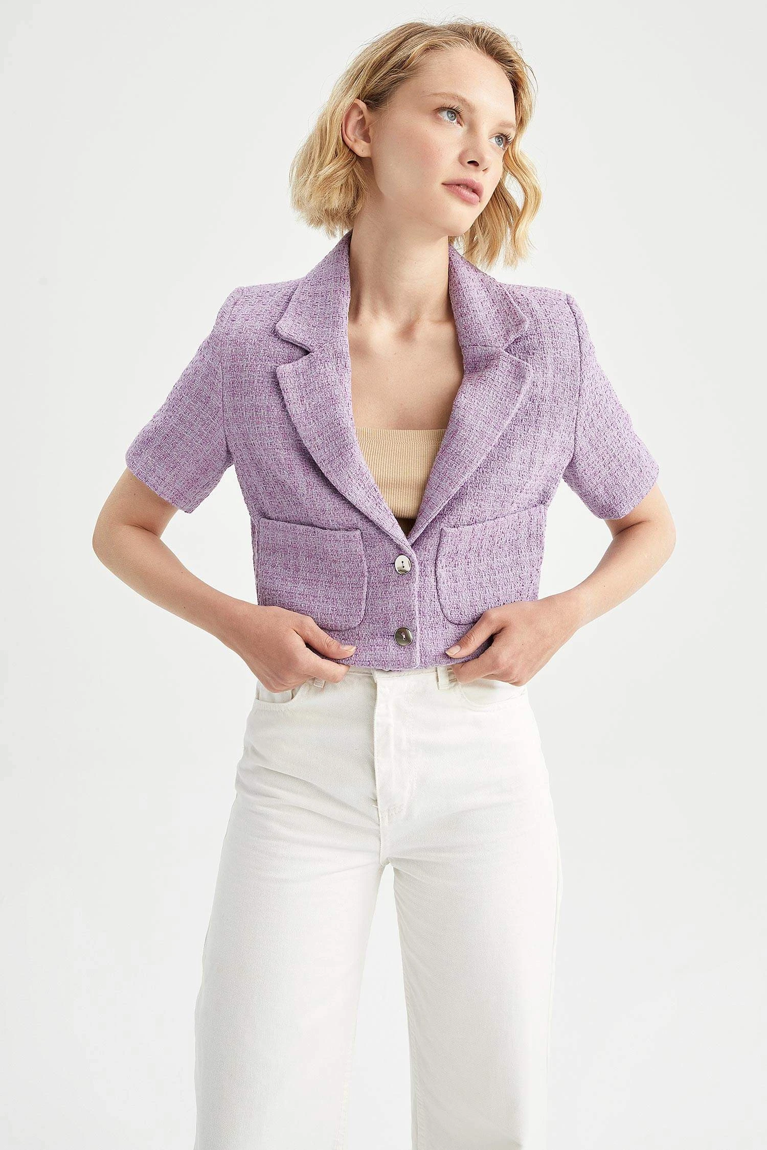 DeFacto Crop Tweed Kısa Kollu Blazer Ceket 5 DeFacto Crop Tweed Kısa Kollu Blazer Ceket – Bild 3