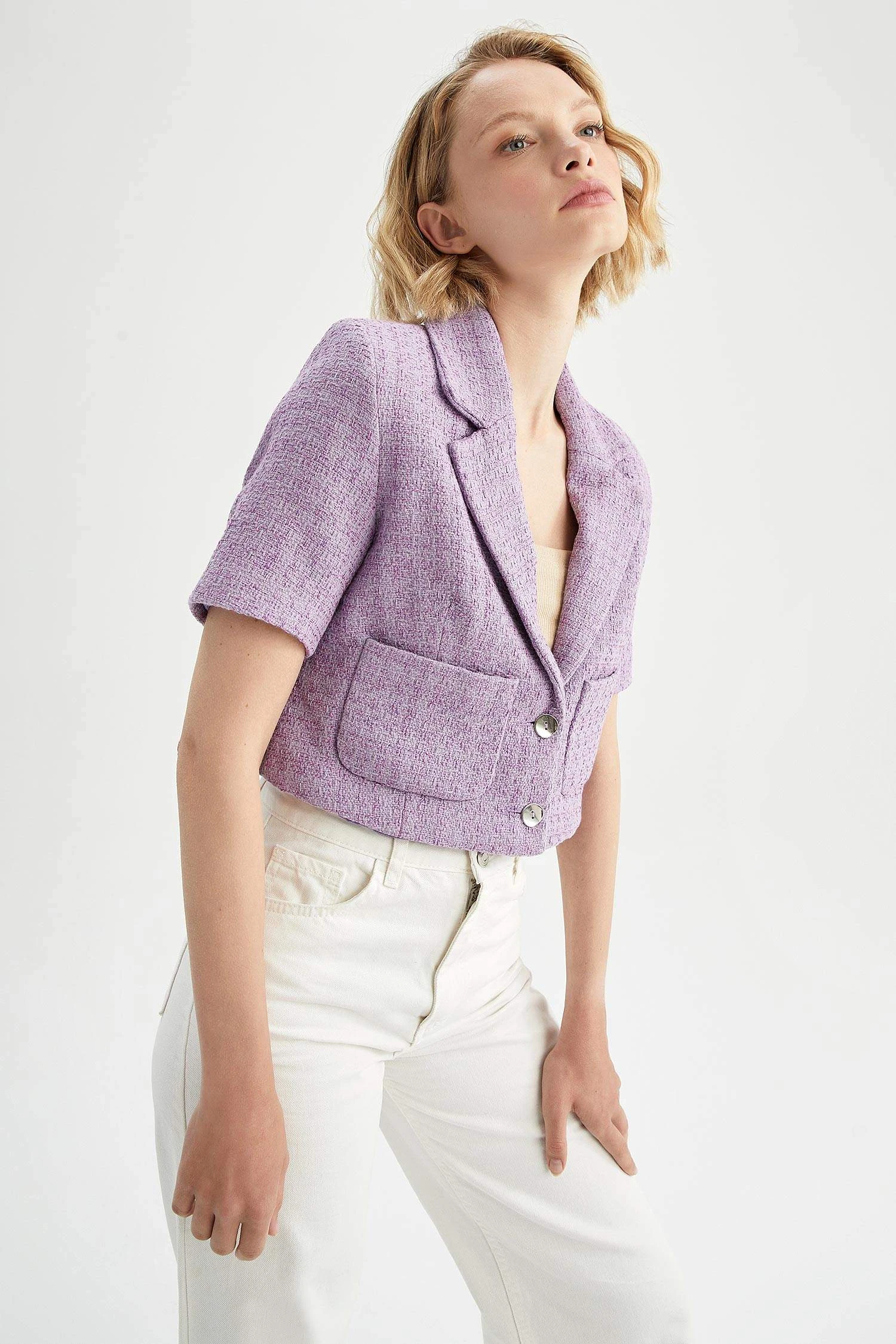 DeFacto Crop Tweed Kısa Kollu Blazer Ceket 6 DeFacto Crop Tweed Kısa Kollu Blazer Ceket – Bild 4
