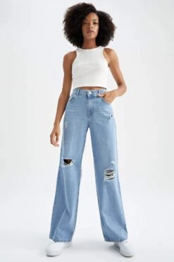 DeFacto Geniş Paça Düşük Bel Jean %100 Pamuk Pantolon -Tunik Style Y2684AZ 22HS NM39 03 01
