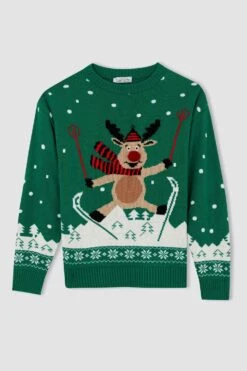 DeFacto Regular Fit Bisiklet Yaka Yılbaşı Temalı Ponponlu Kazak -Tunik Style Y3403AZ 22CW GN748 10 01