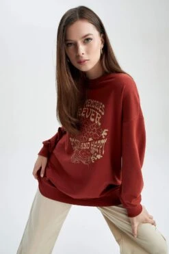 DeFacto Relax Fit Bisiklet Yaka Baskılı Sweatshirt Tunik