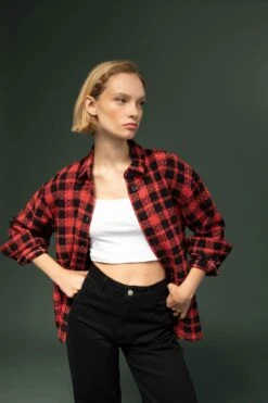 DeFacto Oversize Fit Ekose Desenli Tweed Uzun Kollu Gömlek -Tunik Style Y4211AZ 22AU RD65 03 03