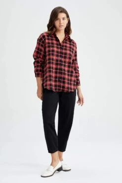 DeFacto Oversize Fit Ekose Desenli Tweed Uzun Kollu Gömlek -Tunik Style Y4211AZ 22AU RD65 06 02