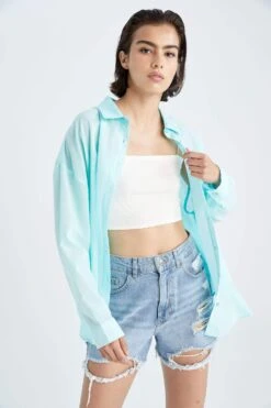 DeFacto Oversize Fit Vual Uzun Kollu %100 Pamuk Gömlek