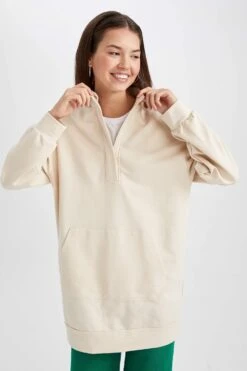 DeFacto Relax Fit Dik Yaka Yarım Fermuarlı Basic Sweatshirt Tunik