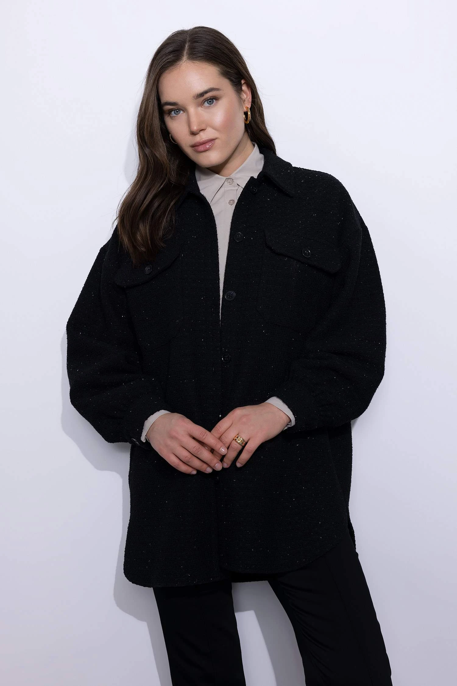 DeFacto Relax Fit Gömlek Yaka Tweed Uzun Kollu Tunik 5 DeFacto Relax Fit Gömlek Yaka Tweed Uzun Kollu Tunik – Bild 3